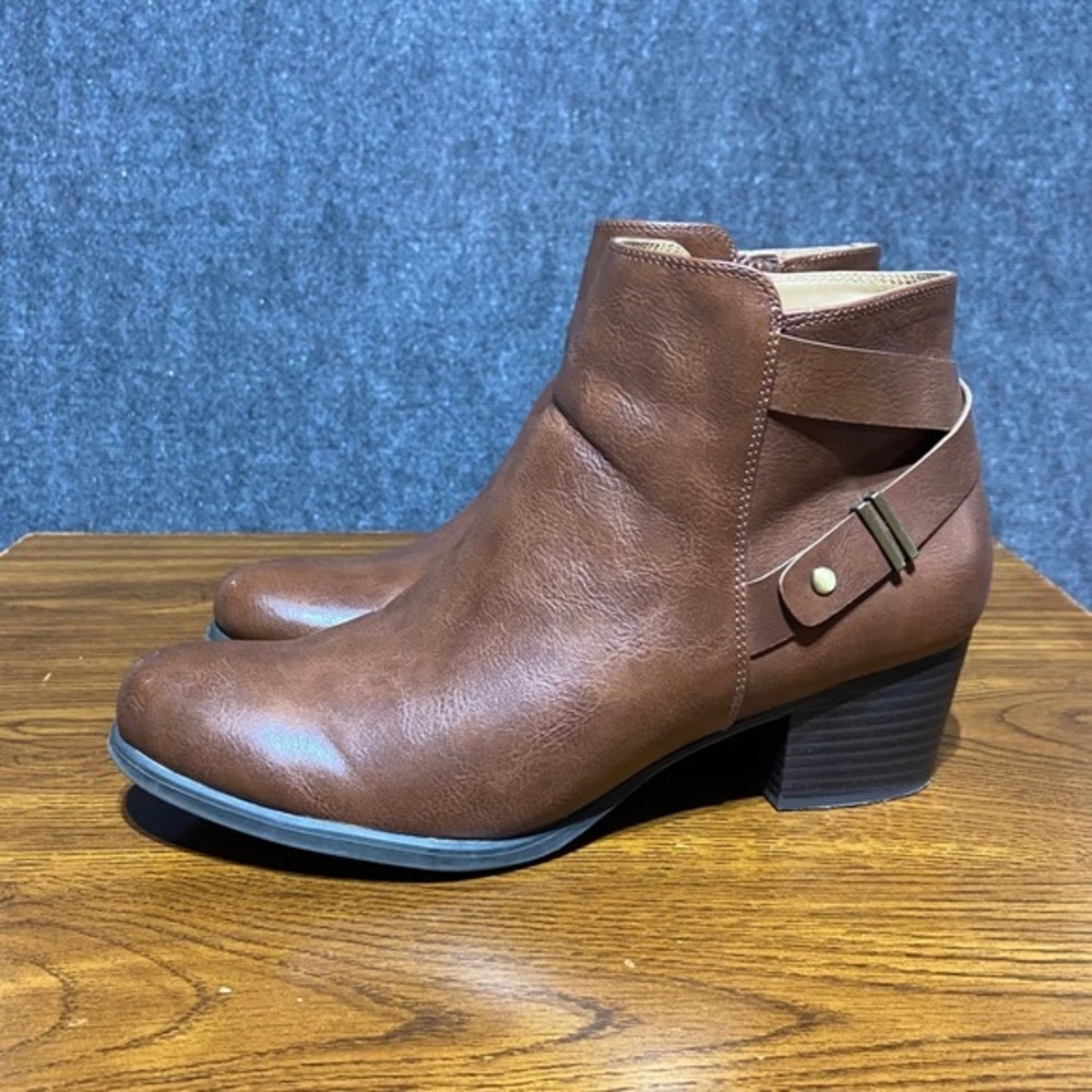 Natural Soul Calm Brown Faux Leather Ankle Boots Buckle Strap Block Heel Size 10
